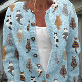 Penny - Cozy Cat Print Button Cardigan