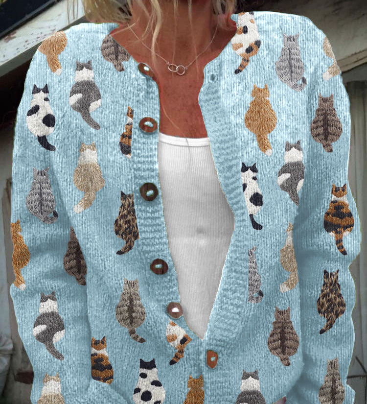 Penny - Cozy Cat Print Button Cardigan