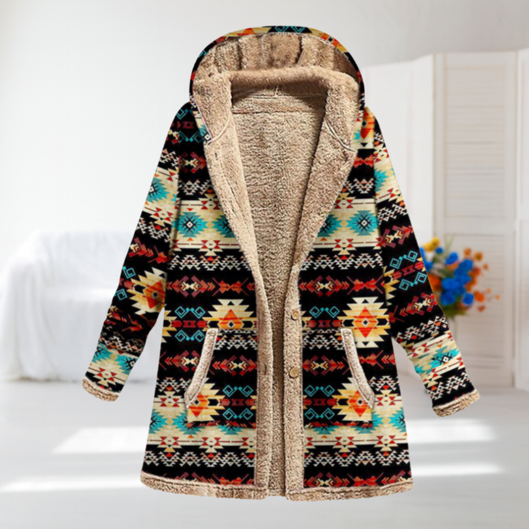 Petronilla - Multicoloured Aztec Print Fleece-Lined Coat