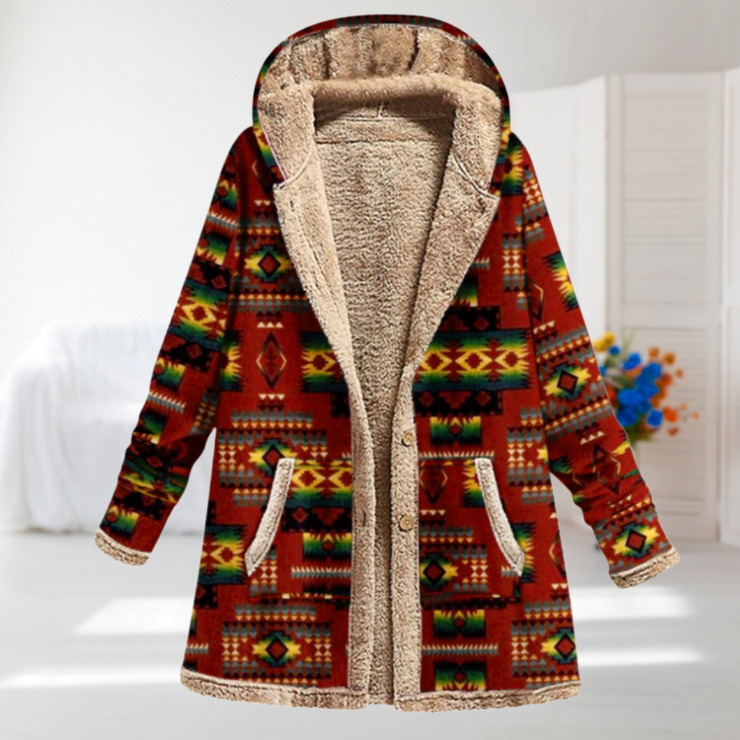 Vivienne - Red Aztec Print Fleece-Lined Coat