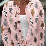 Penny - Cozy Cat Print Button Cardigan