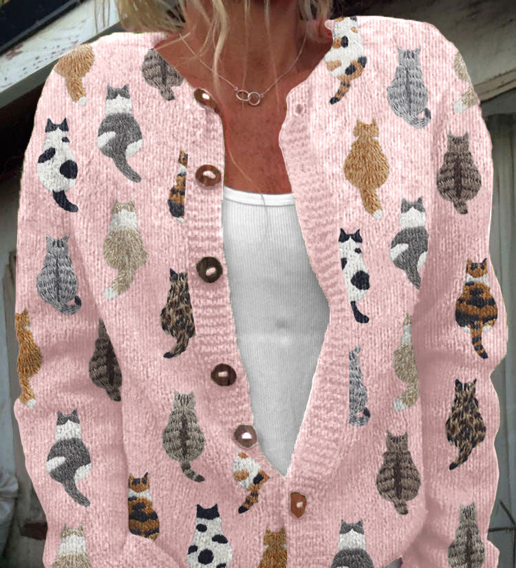 Penny - Cozy Cat Print Button Cardigan