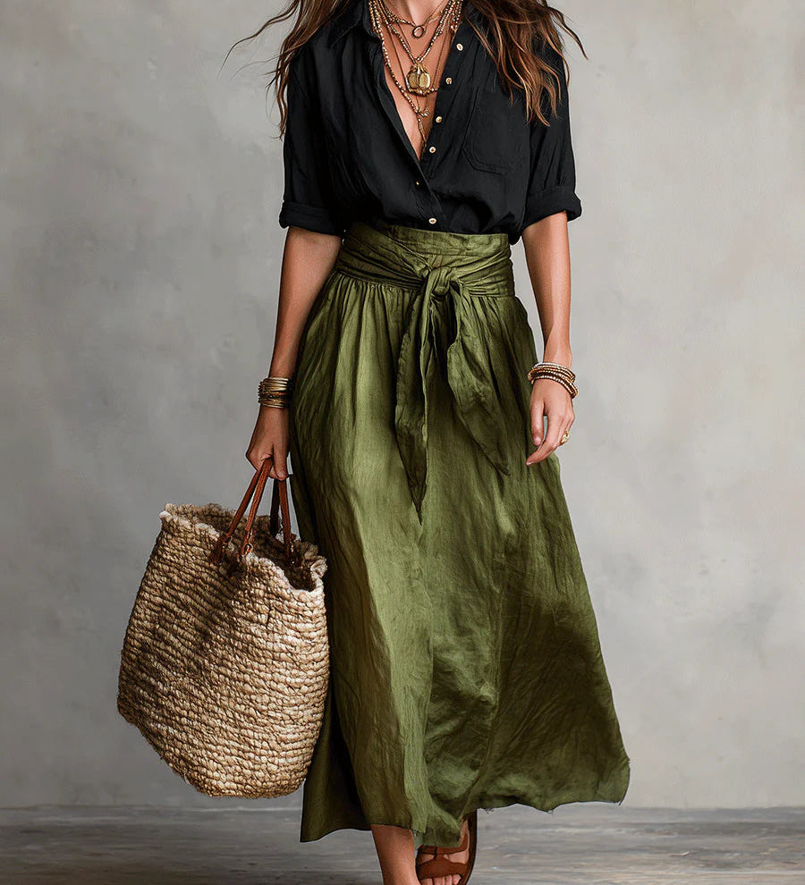 Vera - Two-Piece Set: Black T-Shirt and Olive Green Midi Skirt