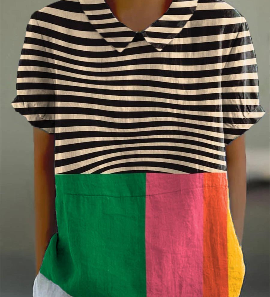 Eva - Bold Striped Blouse with Color Block