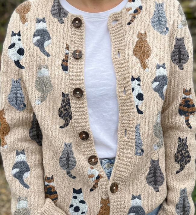 Penny - Cozy Cat Print Button Cardigan