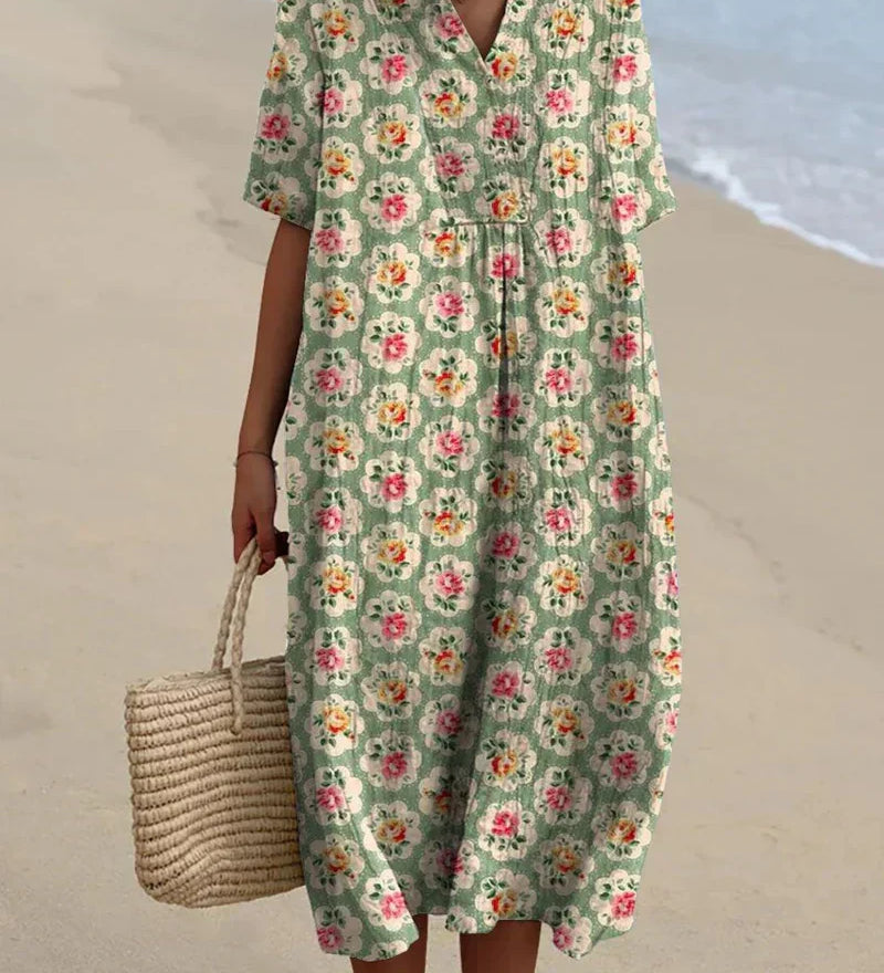 Eulalia - Retro Floral Dress in Aqua Green